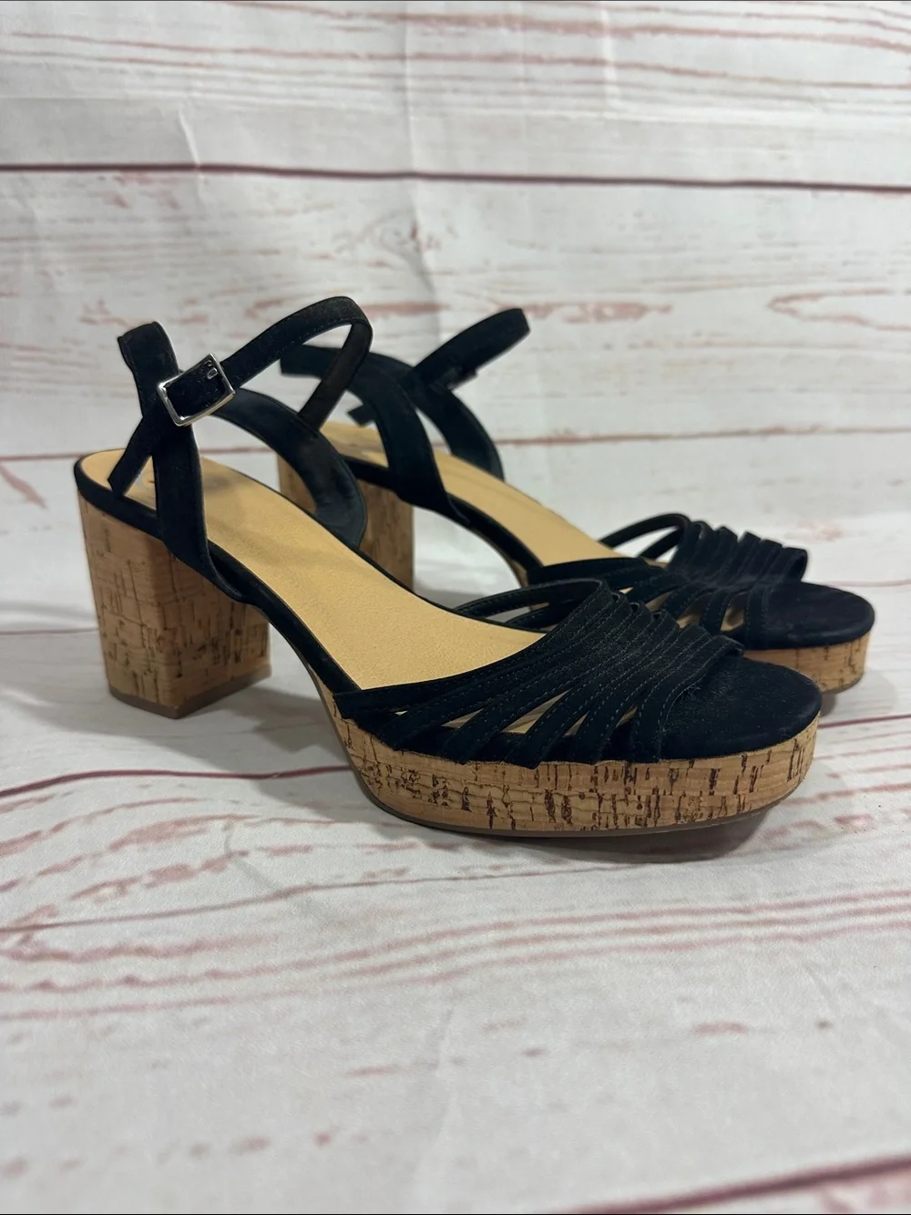 Black Cork Platform Sandals with Ankle Strap